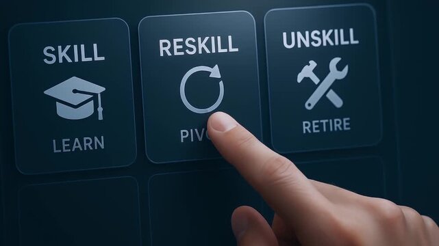Finger pressing reskill button on digital screen with skill and unskill options, hand pressing button symbolizing learning, career change, and retire decisions in modern digital hand screen concept
