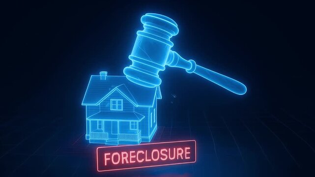 Foreclosure concept glowing gavel striking house model symbolizing legal action property repossession digital blue neon style real estate auction justice law real property