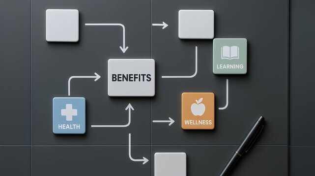 Benefits concept with health wellness learning icons connected by arrow diagram flowchart showing positive connection and growth with hand placing block and pen on black background