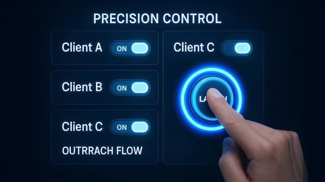 Precision control interface featuring glowing blue buttons and digital toggle switches, hand pressing launch button for client activation, showcasing futuristic technology and switch operation