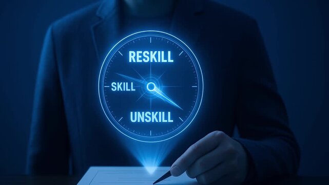 Business professional skill reskill unskill development learning technology hologram futuristic interface showing skill levels improvement career innovation digital tablet pen business environment