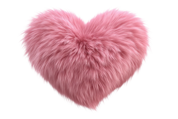 Fluffy pink heart shaped pillow with soft fur texture isolated on black image, Png, Isolated on Transparent Background, Cut Out