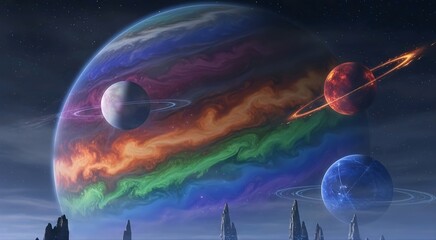 Colorful Alien Planet System with Rings and Moons