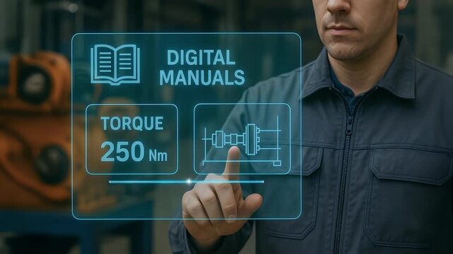 Digital manual interface torque measurement engineering technology industrial automation mechanical blueprint workwear precision industrial mechanic futuristic display control panel