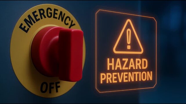 Emergency off switch hazard prevention warning sign glowing orange light for industrial safety protection risk management control in mechanical technical environments