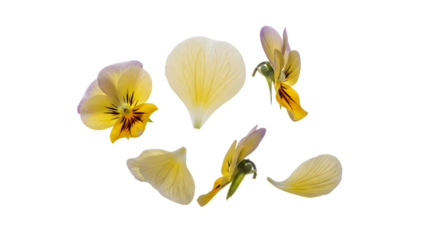 A close-up view of pansy flowers and petals on a white background
