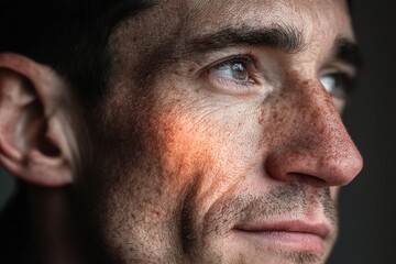 Fototapeta premium Man in profile, looking away, reflecting with light on his face