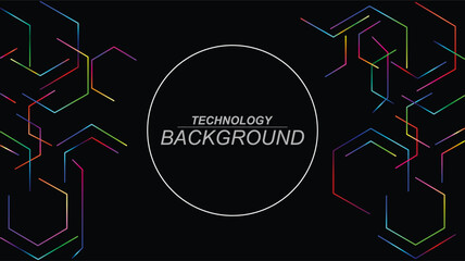 Vibrant technology background with colorful hexagons and neon lines on black.