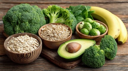 Green vegetables like broccoli and brussels sprouts are placed near oats and an avocado with bananas on a wooden table. This setting shows a focus on nutritious food options.