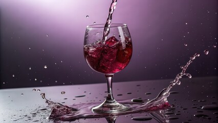 Red beverage splash in wine glass with ice, artistic drink concept, luxurious cocktail promotion, bar or party scene, glamorous drink ad, vibrant night event visuals
