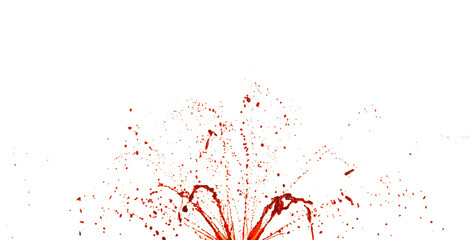 Photograph capturing a dramatic blood splash on a clean white background. The red liquid forms organic droplets and abstract shapes. Ideal for horror, medical, or artistic use.