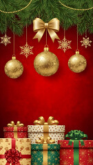christmas background with red balls and fir branches