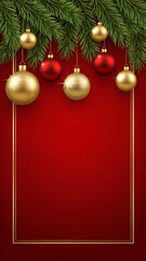 christmas background with red balls and fir branches