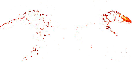 Photograph of collection capturing a dramatic blood splashes on a clean white background. The red liquid forms organic droplets and abstract shapes. Ideal for horror, medical, or artistic use.