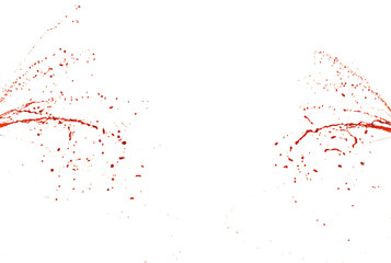 Photograph capturing a dramatic blood splash on a clean white background. The red liquid forms organic droplets and abstract shapes. Ideal for horror, medical, or artistic use.