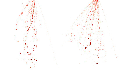 Photograph of collection capturing a dramatic blood splashes on a clean white background. The red liquid forms organic droplets and abstract shapes. Ideal for horror, medical, or artistic use.