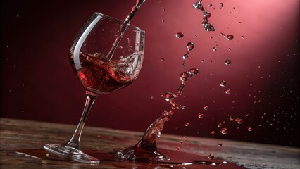 Red drink splash in tilted wine glass on rustic wood, elegant beverage scene, wine pouring moment, dramatic splash art, bar or restaurant promotion, luxurious drink visual