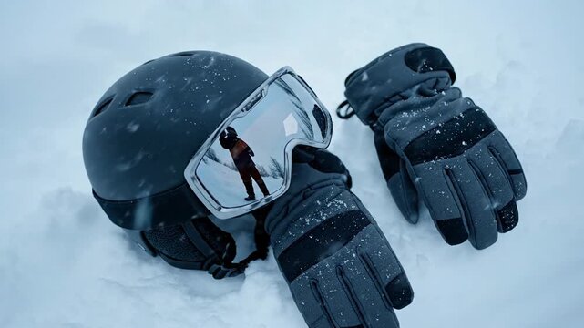 A cinematic close-up of dark championship ski gear rests on the cold snow, reflecting a figure in the goggles.