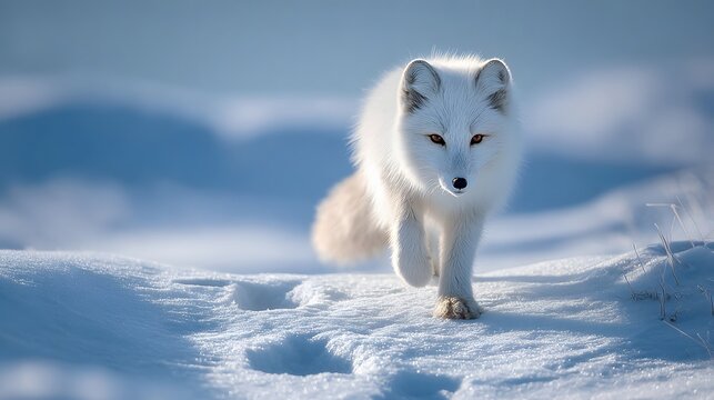 Arctic Fox Walking Through Snowy Landscape During Daytime.