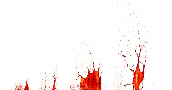 Photograph of collection capturing a dramatic blood splashes on a clean white background. The red liquid forms organic droplets and abstract shapes. Ideal for horror, medical, or artistic use. - Powered by Adobe