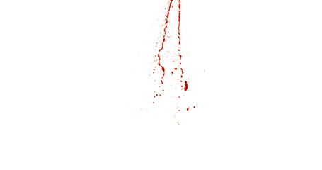 Photograph capturing a dramatic blood splash on a clean white background. The red liquid forms organic droplets and abstract shapes. Ideal for horror, medical, or artistic use.