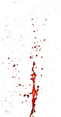 Photograph capturing a dramatic blood splash on a clean white background. The red liquid forms organic droplets and abstract shapes. Ideal for horror, medical, or artistic use.
