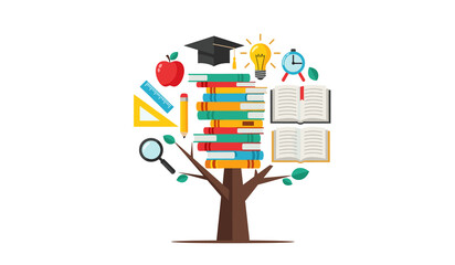 Education Tree Vector Illustration with Books, Learning Icons and Knowledge Growth Concept