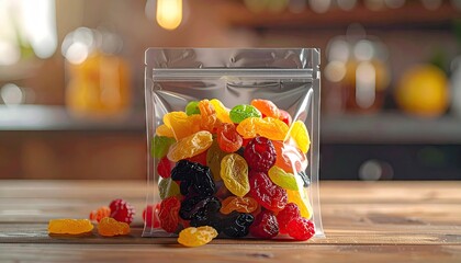 Assorted Gummy Candies In A Clear Plastic Bag On A Wooden Surface With A Blurred Kitchen Background And Warm Lighting