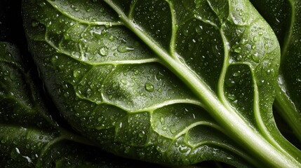 Freshly washed green leaves with water droplets on a dark background