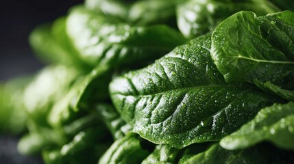 Fresh spinach leaves with water droplets on a dark background for healthy eating choices