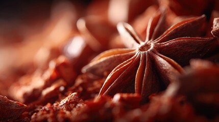 Star anise spice on a textured surface with a blurred background and clear focus