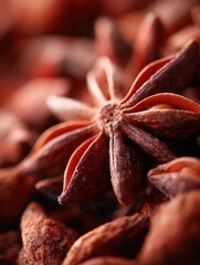 Close-up view of whole star anise spices on a textured surface showing rich colors and details