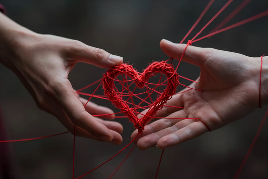 Two hands exchanging a red heart made of yarn with string connections  