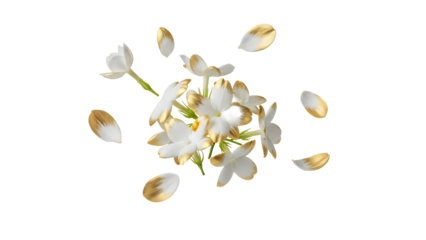 A serene cluster of white flowers with delicate petals floating gently in isolation against a clean white background