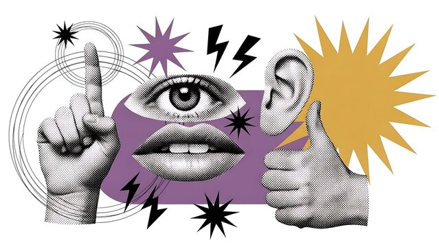 Surreal Collage of Eye, Lips, Hands with Thumbs Up and Down and Purple Background, Yellow Sun