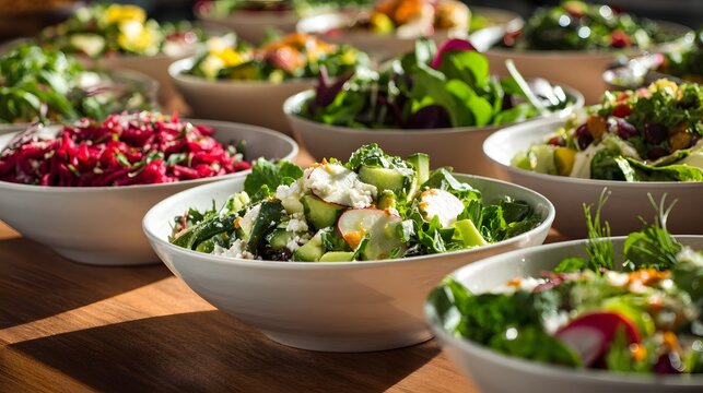 Assortment of Freshly Prepared Salads in Bowls on a Wooden Table.