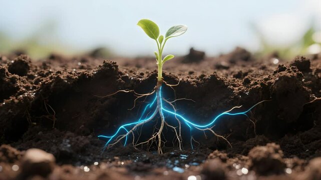 Emerging Young Plant in Rich Soil Vibrant Green Leaves and Intricate Roots Symbolizing Growth and Vitality in Natures Ecosystem