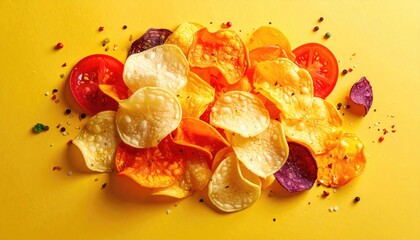 Assorted Potato Vegetable Chips Tomato Slices Scattered Seasoning Salt Pepper on Vibrant Yellow Background Top Down View Studio Shot