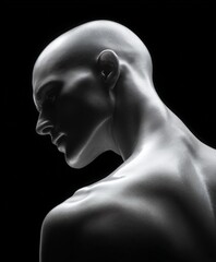 Sculptural representation of a bald figure with a strong profile and smooth surfaces