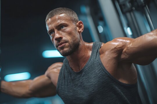 Male bodybuilder working out his chest muscles with intense focus at fitness gym