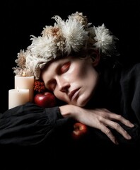 Woman with floral crown and candles resting peacefully against dark background