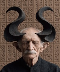 Unique artistic portrait of an elderly man with elaborate horn-like hairstyle in a textured setting
