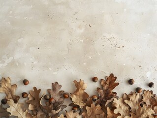 Minimal Autumn Flat Lay with Dried Oak Leaves and Acorns on Neutral Stone Background