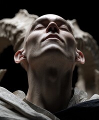 Portrait of a serene individual in a minimalistic setting with a focused expression