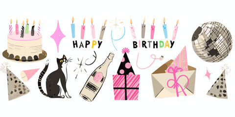 Festive birthday celebration illustration with cake gifts and party elements