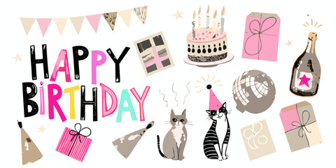 A cheerful birthday celebration cake gifts cats and festive decorations