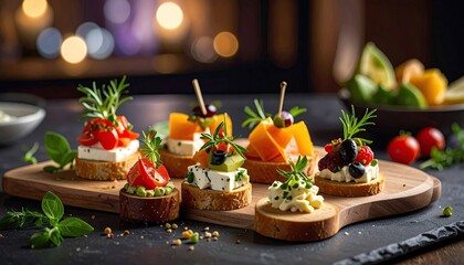 Assortment of gourmet appetizers on a wooden board featuring fresh ingredients and vibrant colors illuminated by soft bokeh background lighting