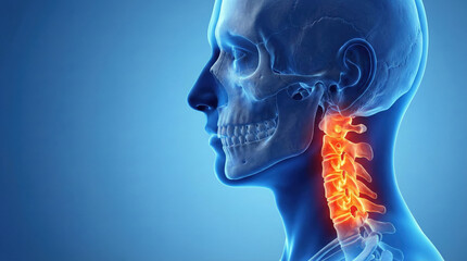 3D rendering of a human head and neck in profile, showing the skull and cervical spine highlighted in orange against a blue background, illustrating neck pain or injury.