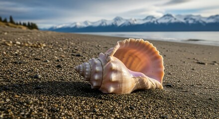 Shell on beach near mountains.