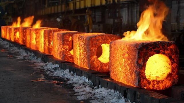 Closeup medium shot of incremental roll forging showing precise billet deformation in stages emphasizing controlled metal shaping and engineering.